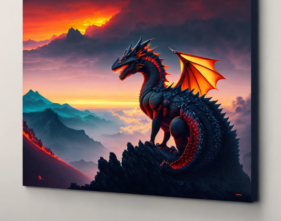 Canvas Print: Majestic Black and Red Dragon on Mountain at Sunset