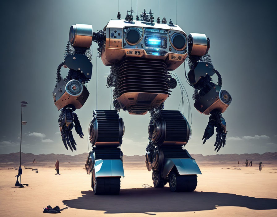 Giant retro boombox head robot with reel-to-reel tape chest in desert