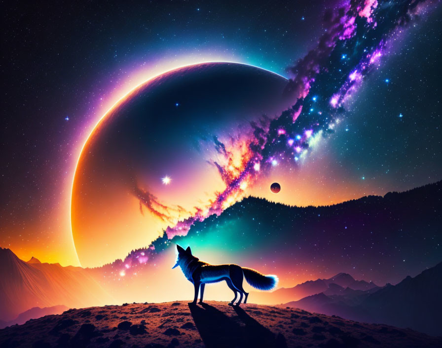 Lone wolf on mountain ridge under surreal cosmic sky