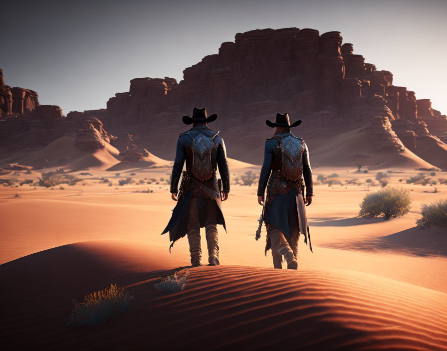 Cowboys in hats and dusters walking in desert with red sand dunes.