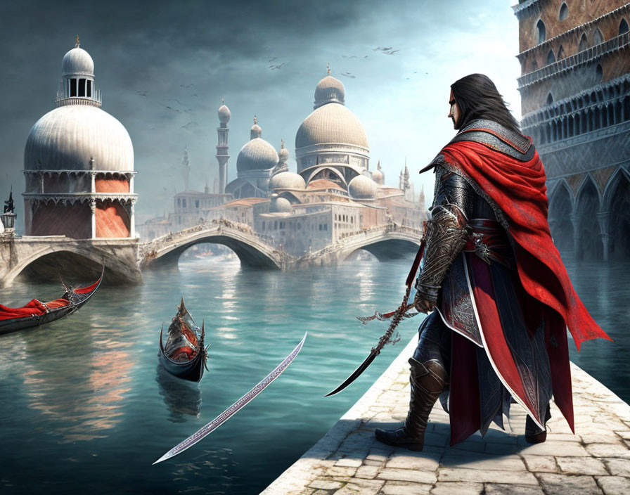 Character in red cloak and armor gazes at Venetian cityscape with domed buildings and boats