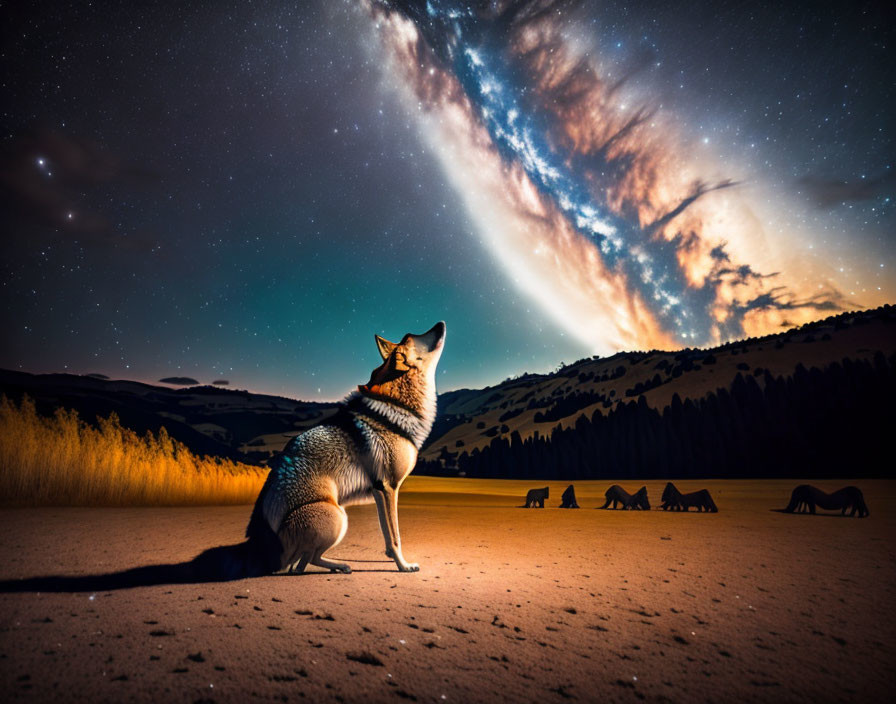 Coyote under starry sky with Milky Way backdrop and grazing animals in field