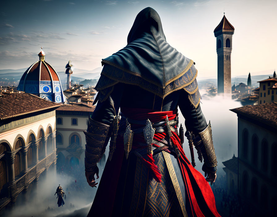 Cloaked figure on rooftop gazes at misty Renaissance cityscape with Italian architecture.