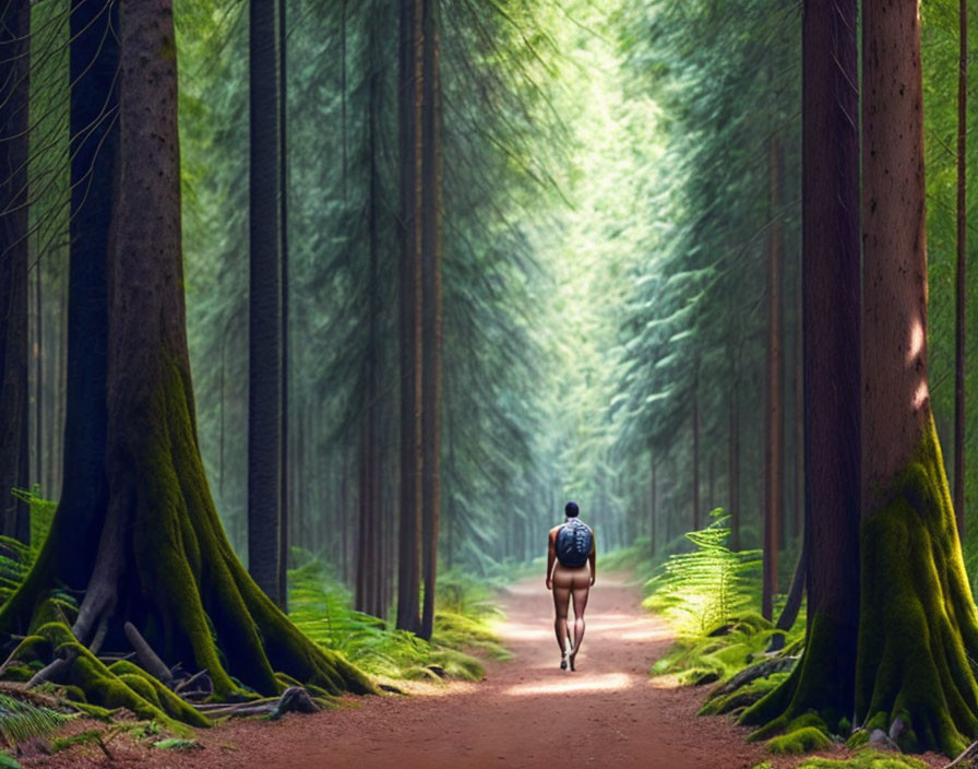 Hiker walking on forest path with towering trees