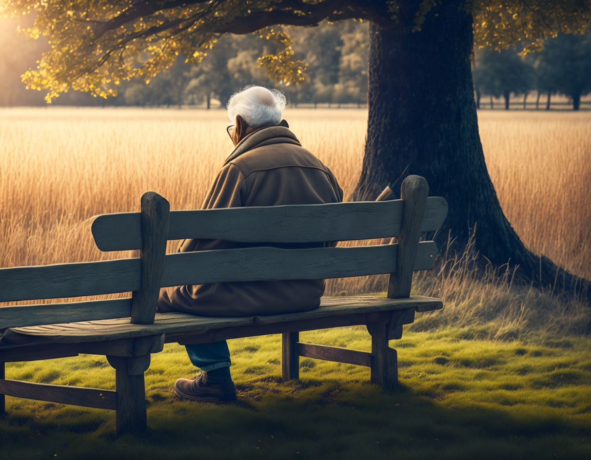 Elderly person sitting on park bench under tree in tranquil field