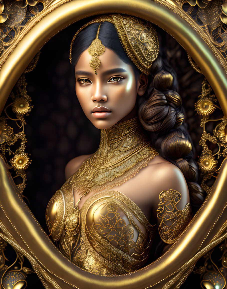 Woman in ornate gold jewelry and attire, framed with golden oval.