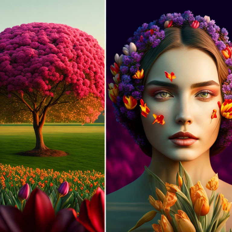 Composite image featuring solitary tree, pink canopy, tulip field, woman with floral crown & petals on