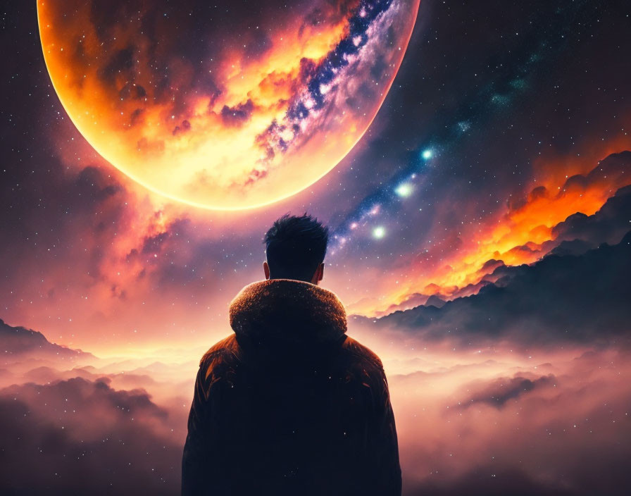 Person in jacket views cosmic scene with moon, stars, and nebula above clouds.