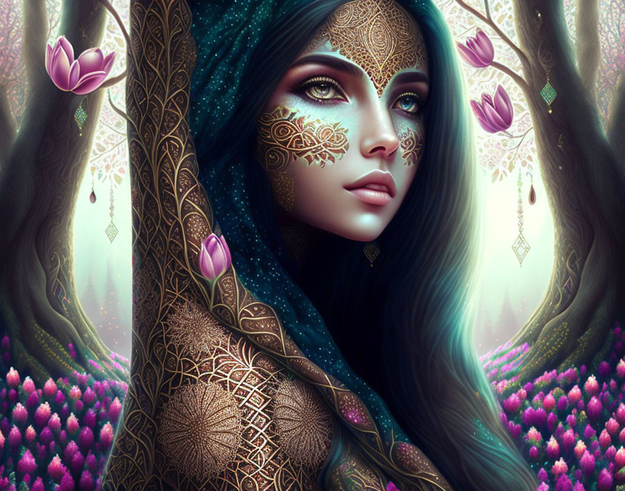 Illustrated woman with gold facial designs in mystical forest with purple flowers.