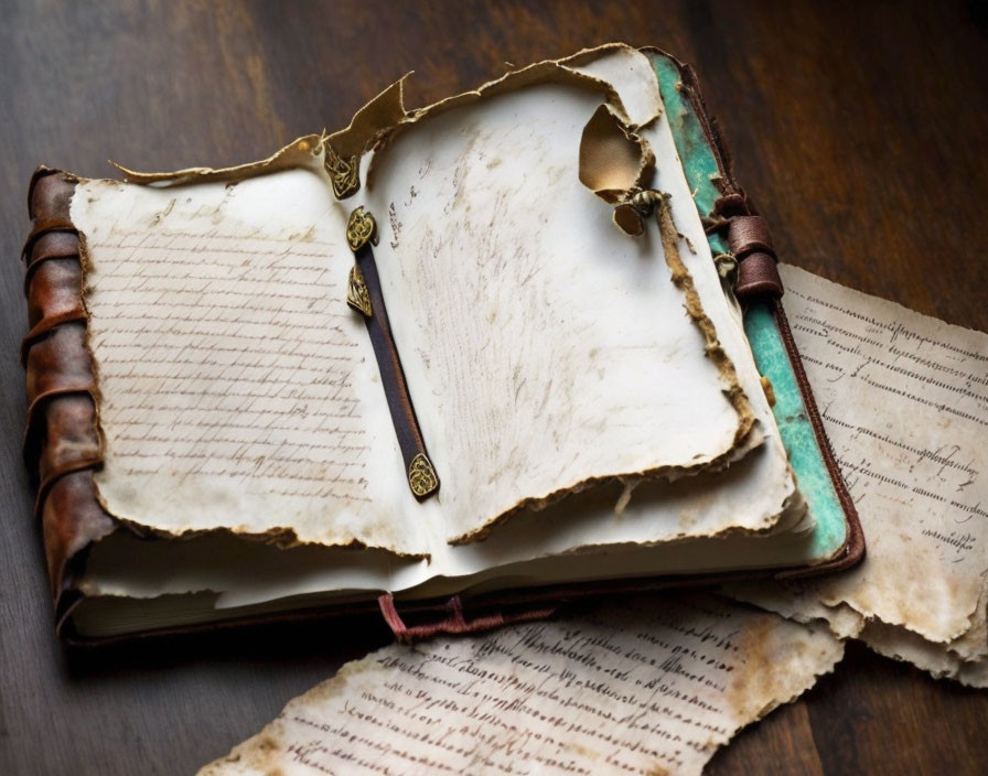 Vintage Leather-Bound Book with Brass Clasp on Wooden Table