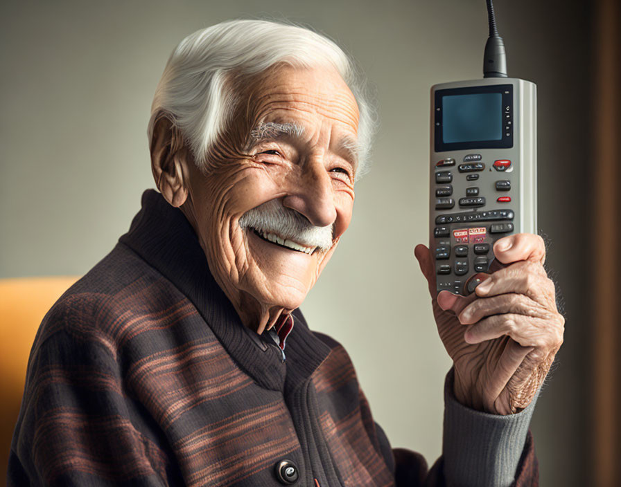 Elderly man smiling with old mobile phone