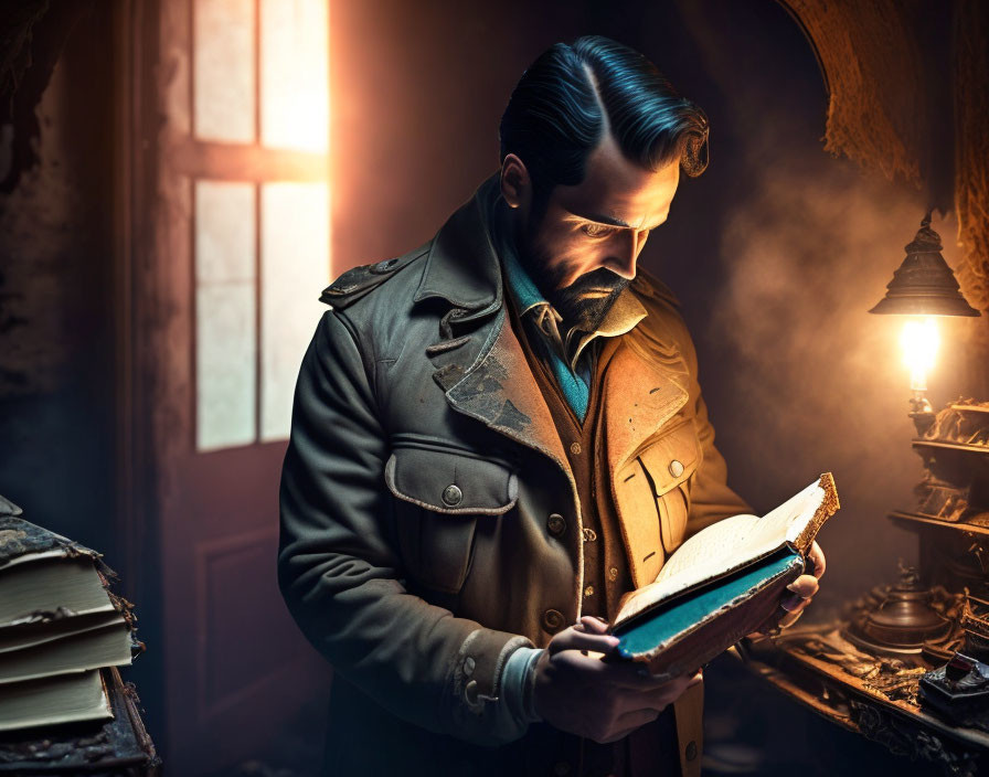 Bearded man reading old book in dim vintage room