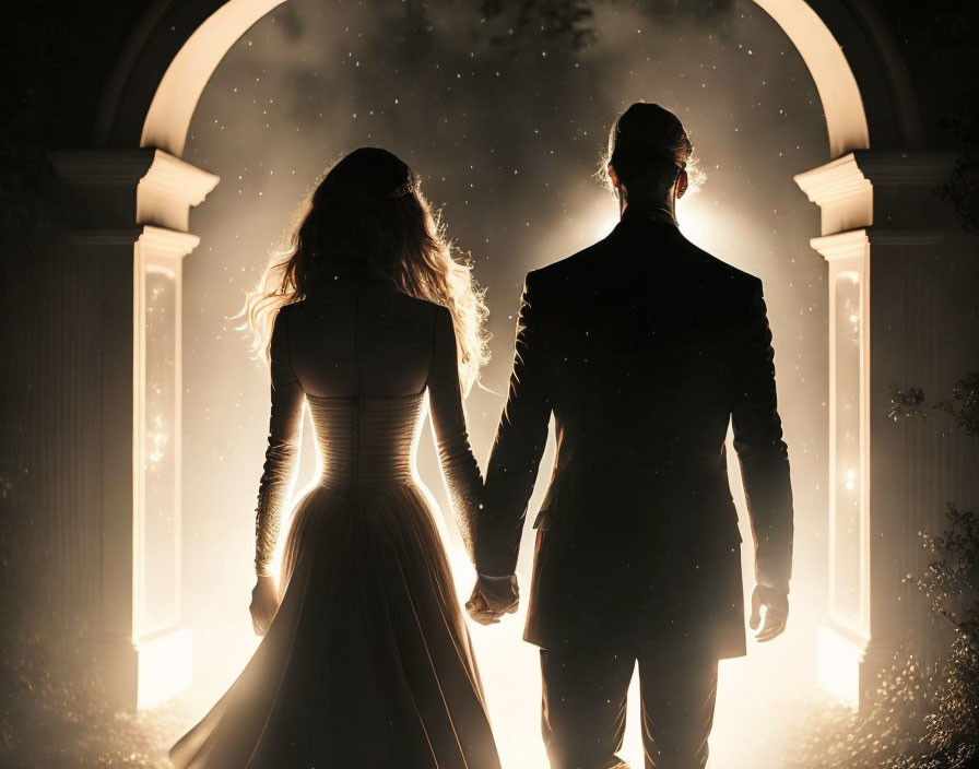 Silhouetted couple in formal attire under glowing archway in starlit setting