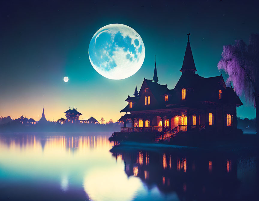 Traditional wooden house by tranquil lake under twilight sky with large moon.