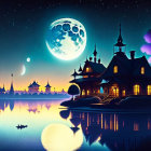 Traditional wooden house by tranquil lake under twilight sky with large moon.