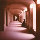 Silhouetted figure in opulent corridor with arched doorways and glowing lamps