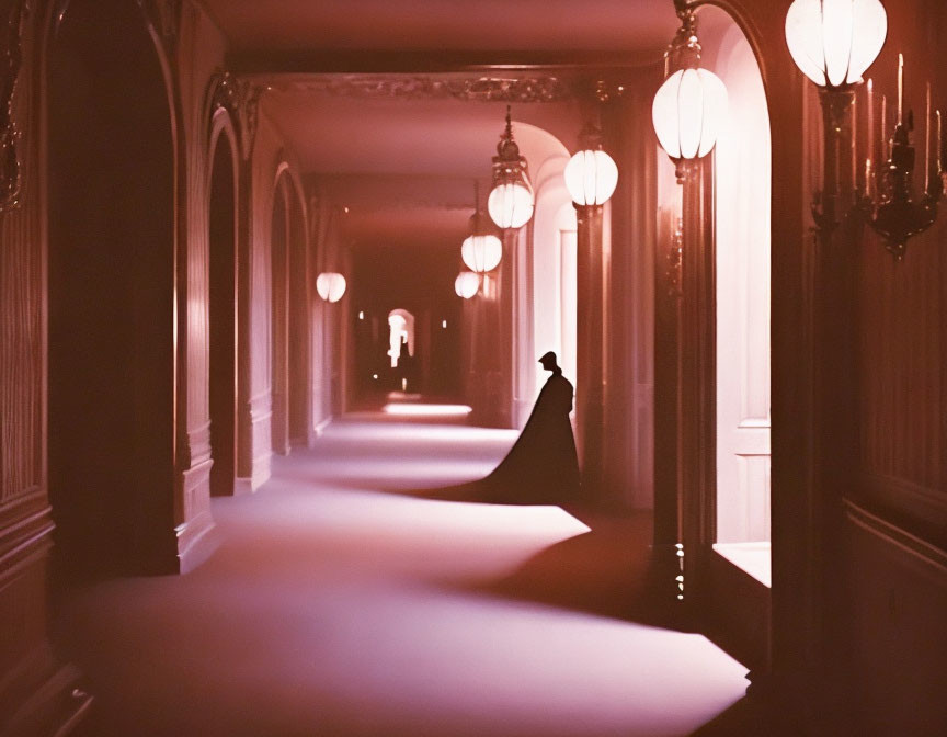 Silhouetted figure in opulent corridor with arched doorways and glowing lamps