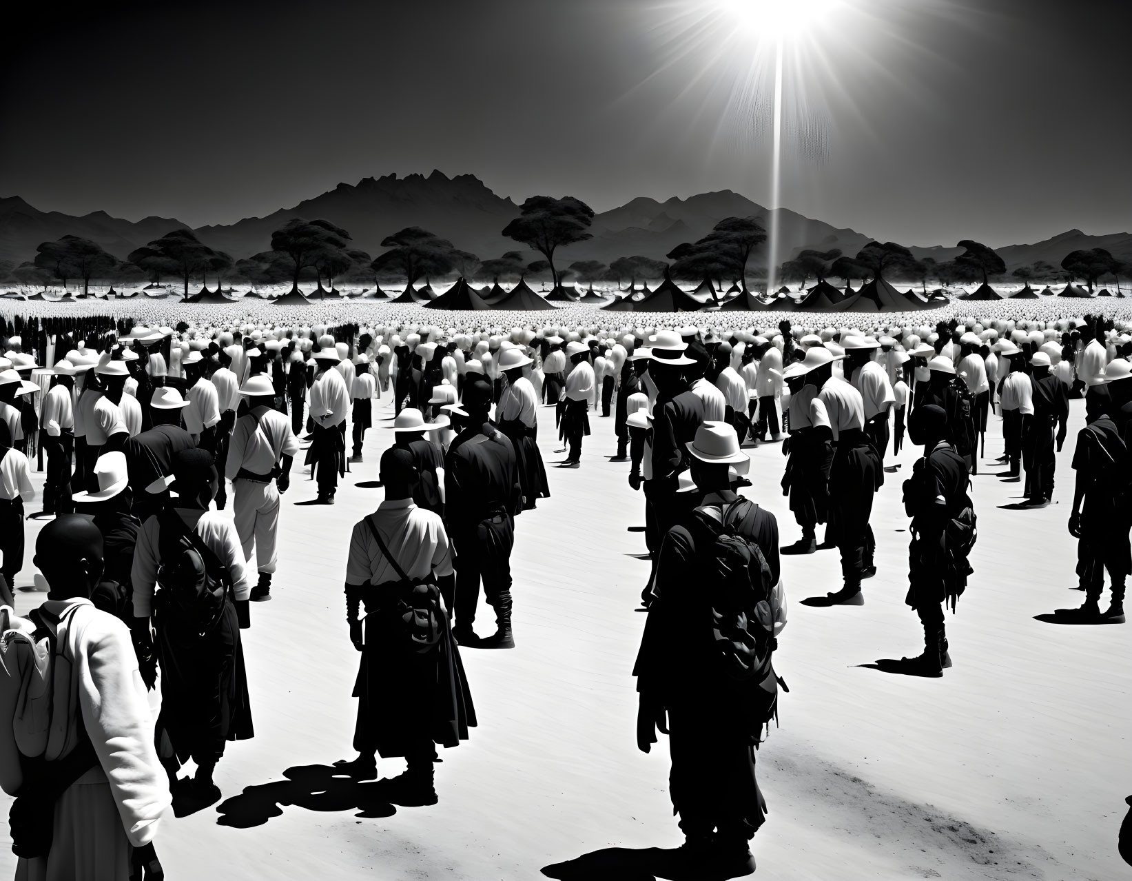 Traditional white clothing and wide-brimmed hats: Crowd heading to tented area in desert.