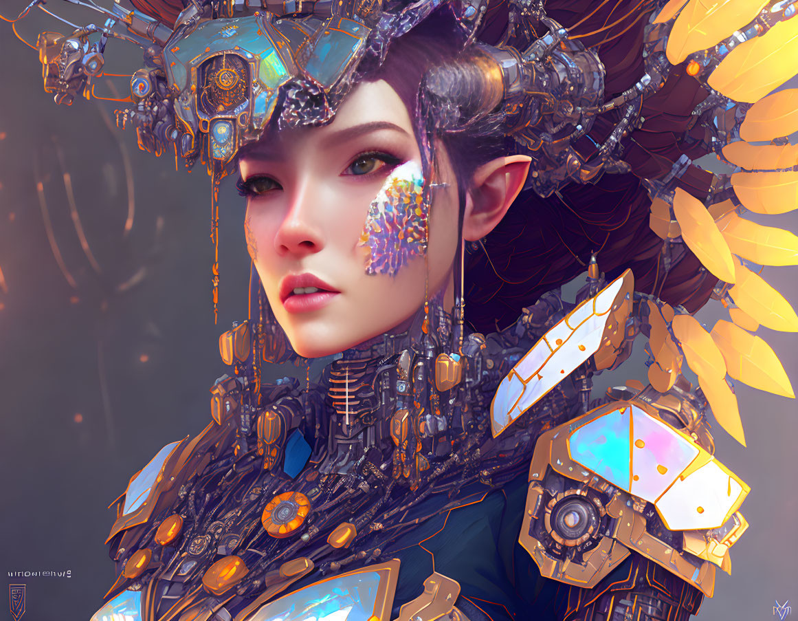 Female character in futuristic armor with glowing details and ethereal look