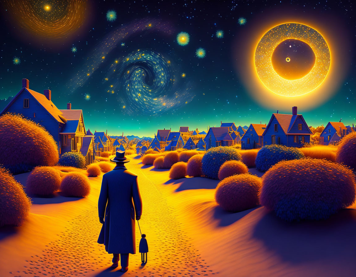 Person in coat and hat gazes at surreal night sky with galaxies and eclipse