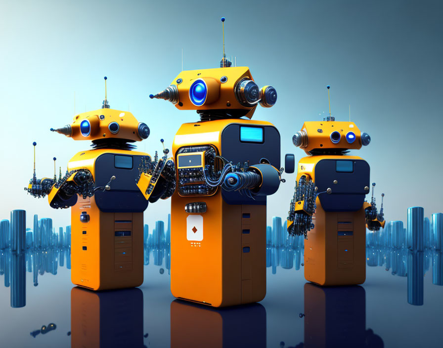 Colorful cartoonish robots with unique attachments on blue cityscape background