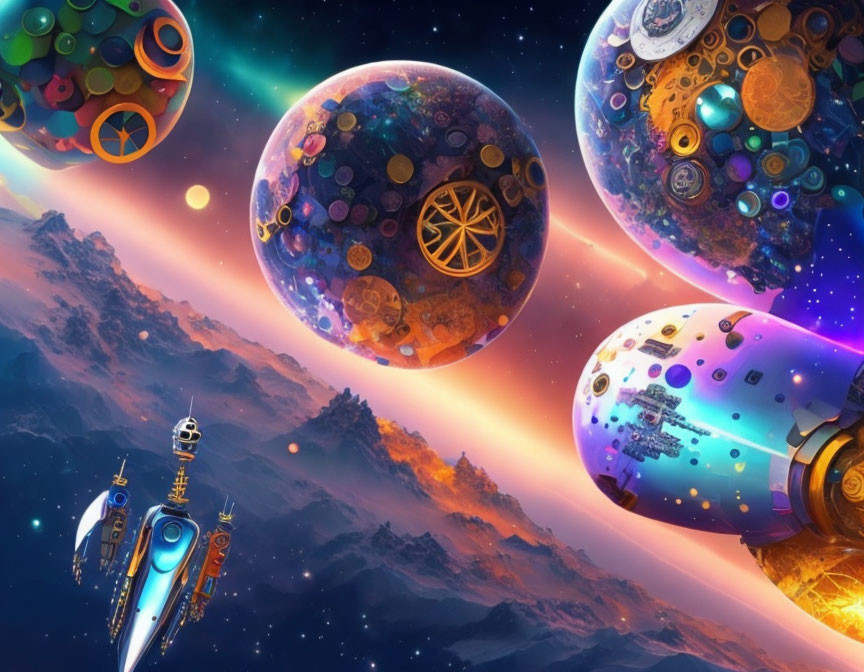 Vivid space scene with colorful fruit-like planets and spaceship