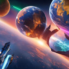 Vivid space scene with colorful fruit-like planets and spaceship