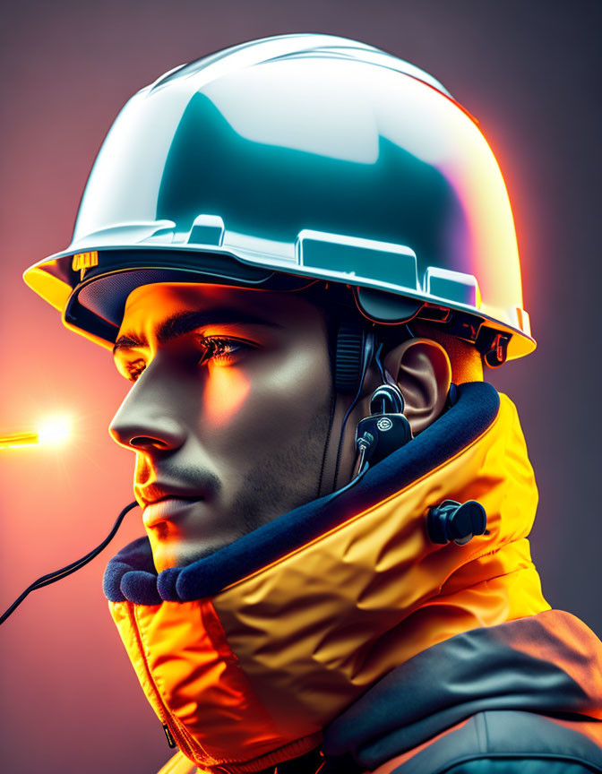 Man in Safety Helmet and Orange Jacket Illuminated in Digital Art