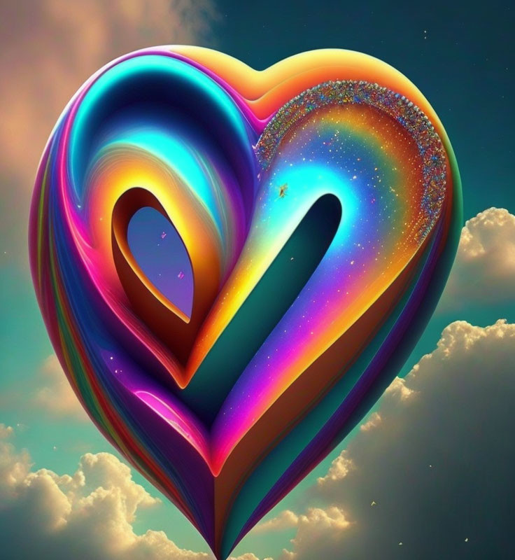 Colorful Abstract Heart with Rainbow Gradient and Sparkles on Cloudy Sky