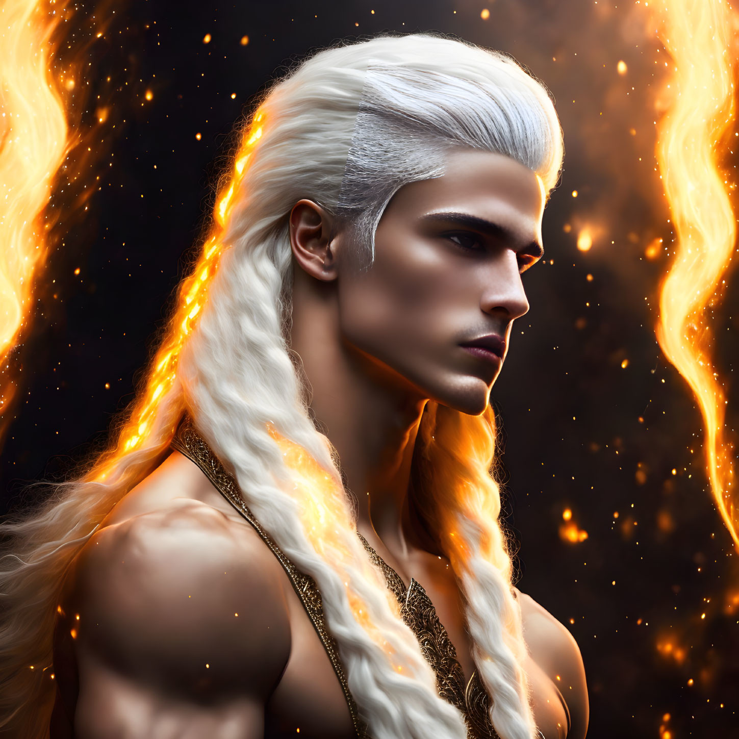 Fantasy male character with long white hair in fiery background