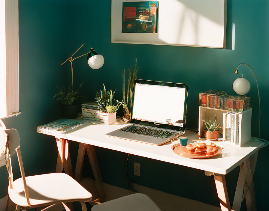 Sunlit home office with laptop, plants, books, and lamp