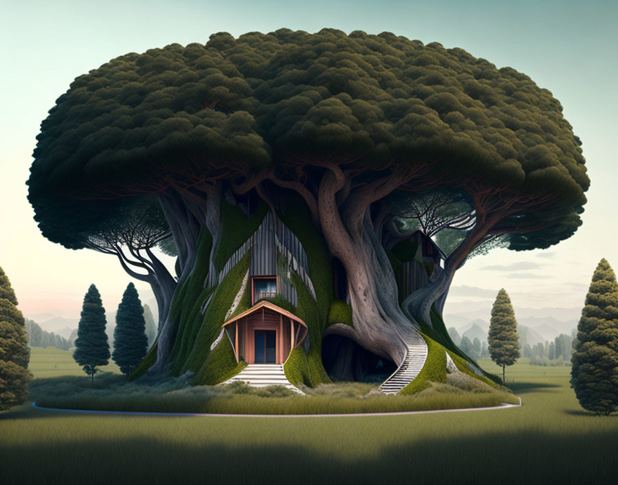 Unique house nestled in massive ancient tree with lush landscape.