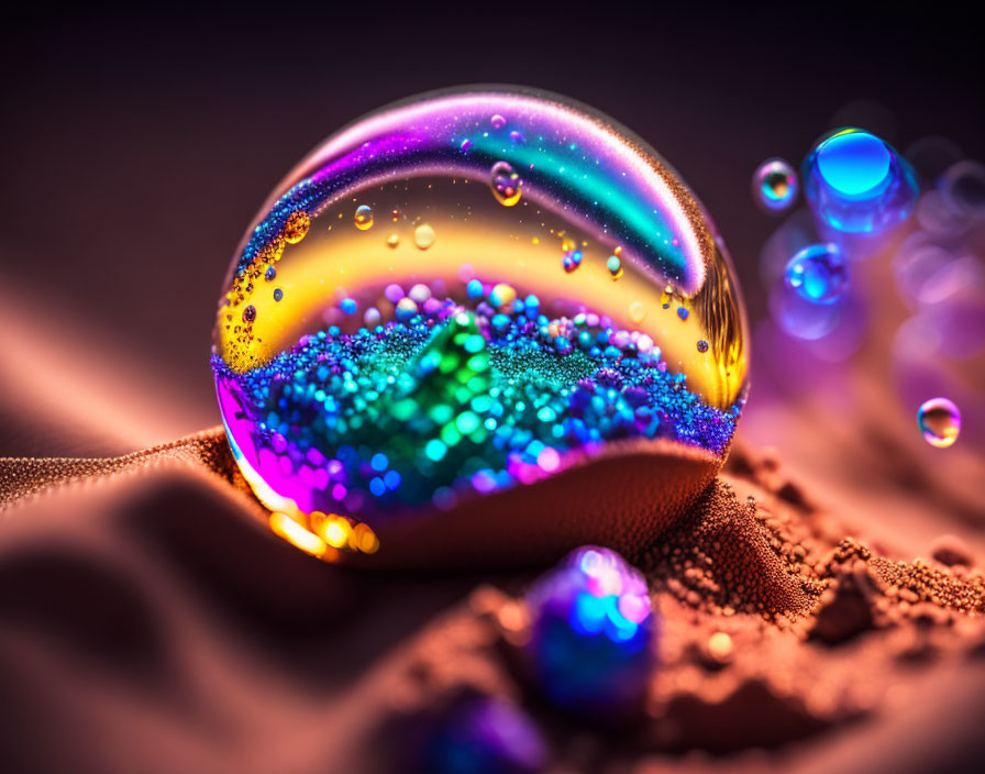 Colorful iridescent bubble on textured surface with smaller bubbles, warm lighting.