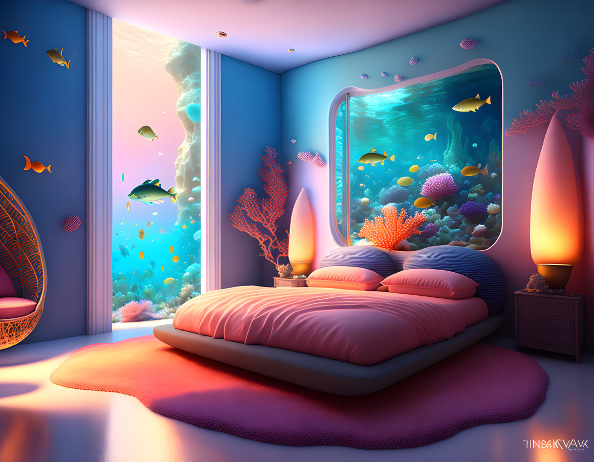 Underwater Themed Bedroom with Large Aquarium Walls