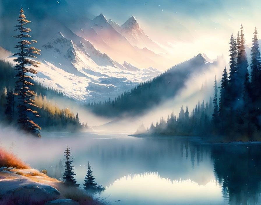 Tranquil landscape: misty mountains, reflective lake, pine trees at dawn/dusk.