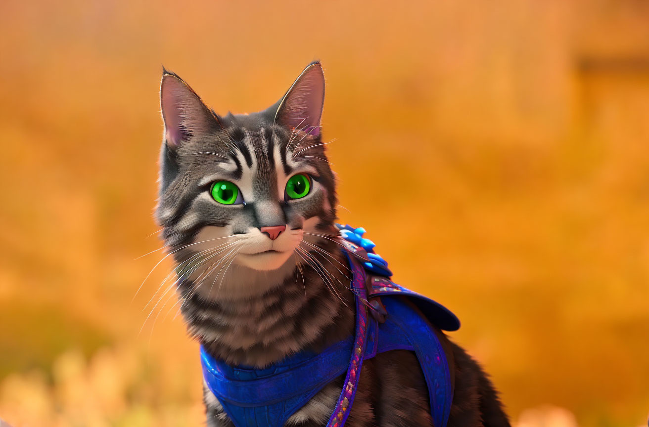 Blue harness on domestic cat with green eyes and gray tabby markings on orange background