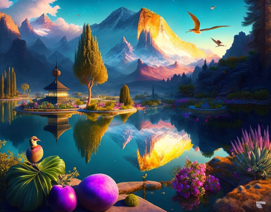 Colorful Fantasy Landscape with Lake, Mountains, Pagoda, and Birds