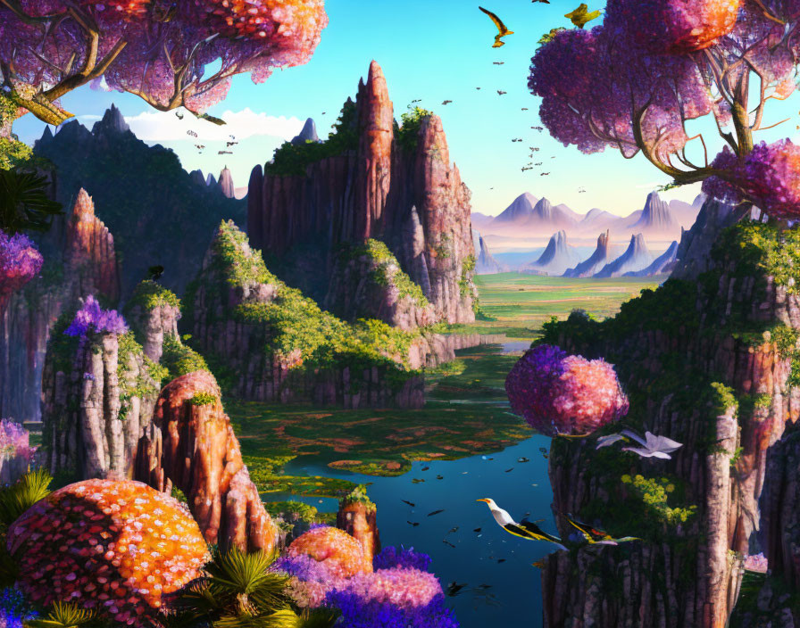 Purple Trees, Rock Pillars, Birds, River in Fantasy Landscape