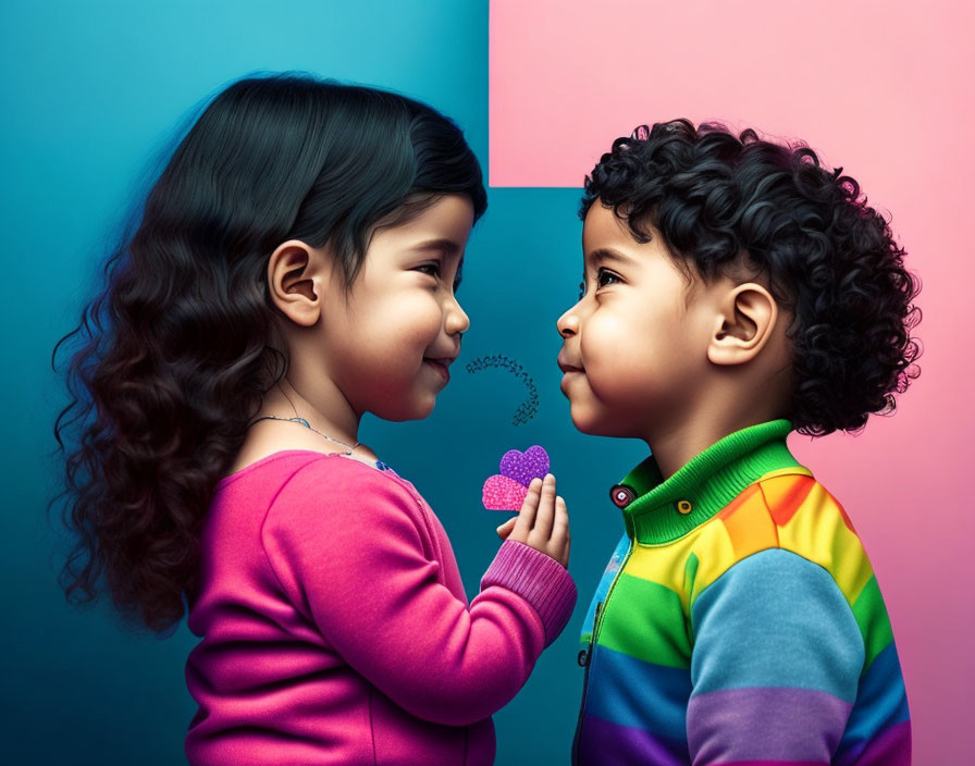 Children with purple heart and rainbow jacket against blue-pink backdrop