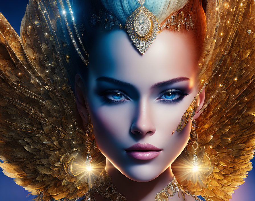 Digital artwork featuring woman with blue eyes, ornate gold jewelry, and feathered headdress