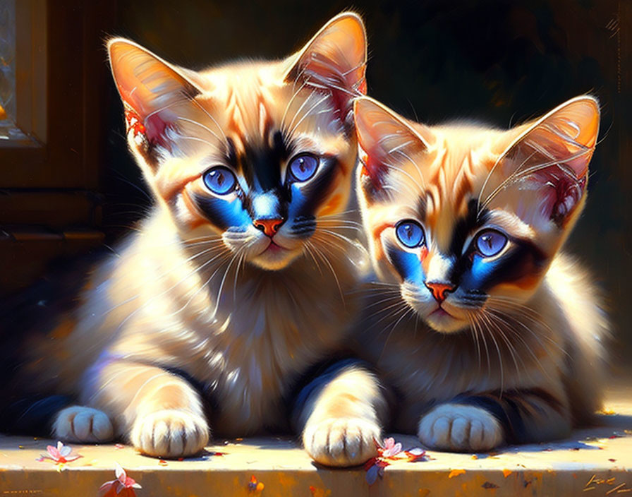 Siamese Kittens with Blue Eyes Among Pink Flowers