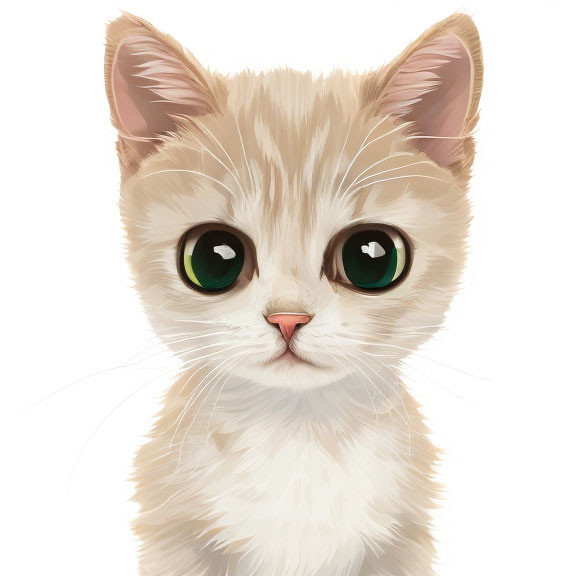 Beige Kitten Digital Illustration with Large Green Eyes