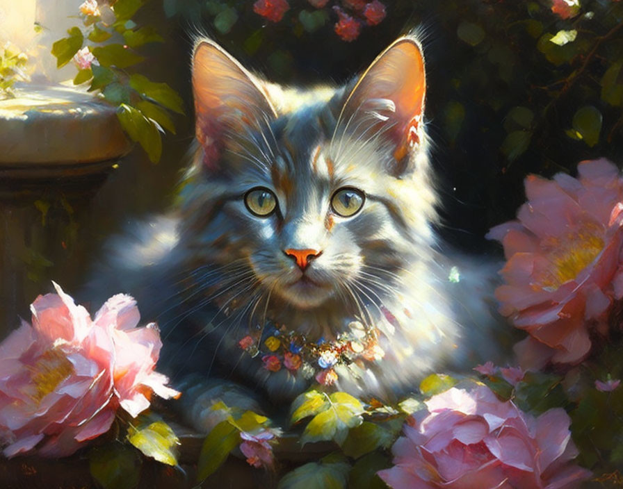 Fluffy Cat Surrounded by Pink Flowers and Sunlight