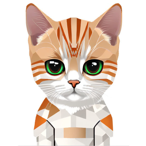 Stylized cat illustration with large green eyes and orange/white stripes