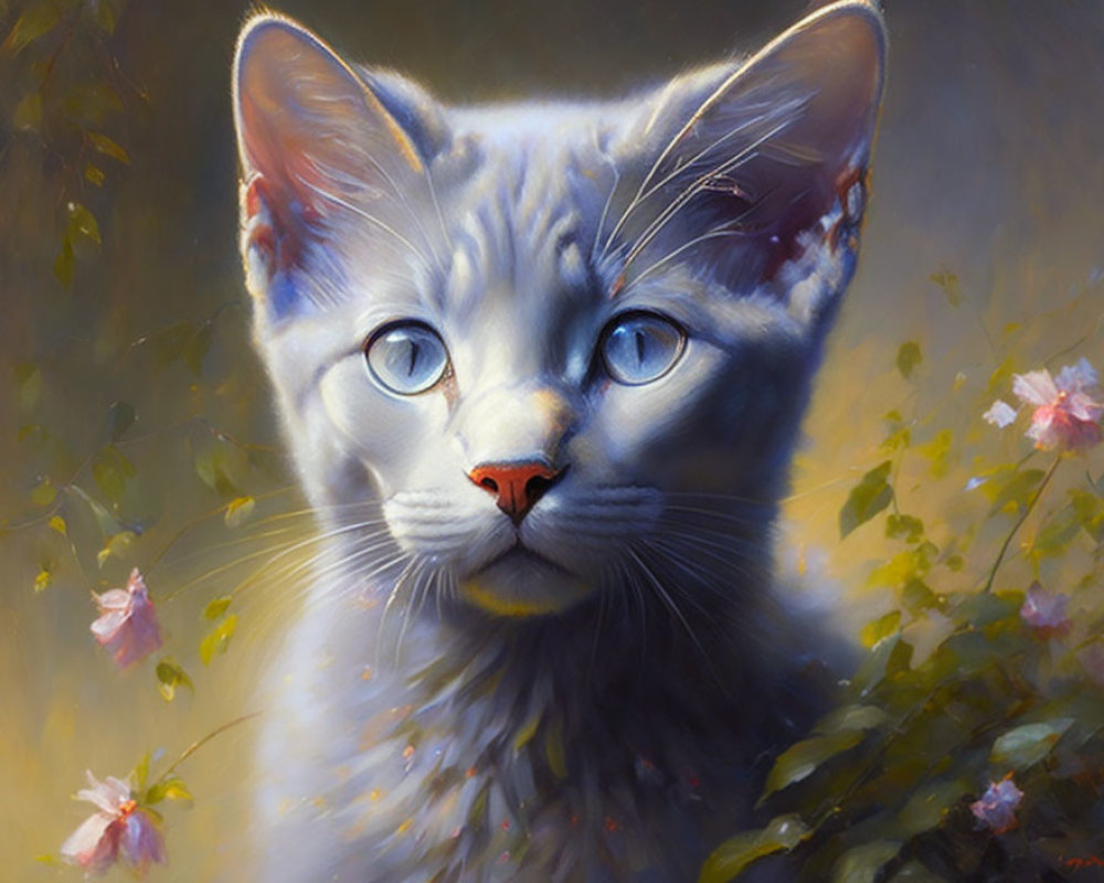 Realistic Grey Kitten Painting with Blue Eyes and Pink Flowers