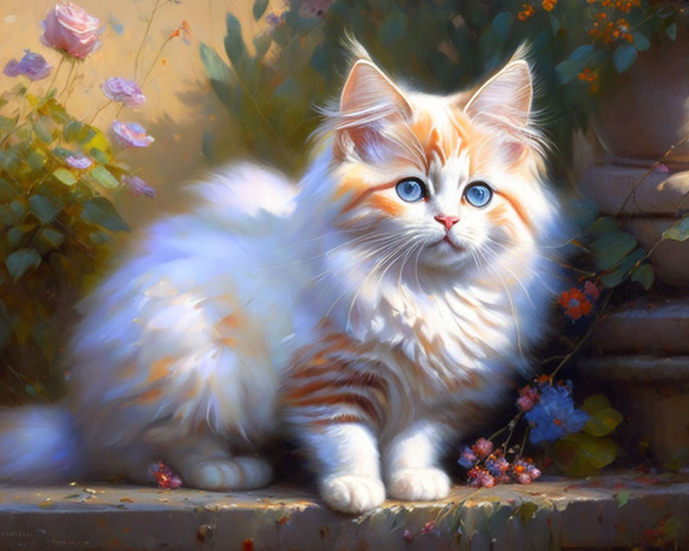 Fluffy Orange and White Cat with Blue Eyes Among Flowers