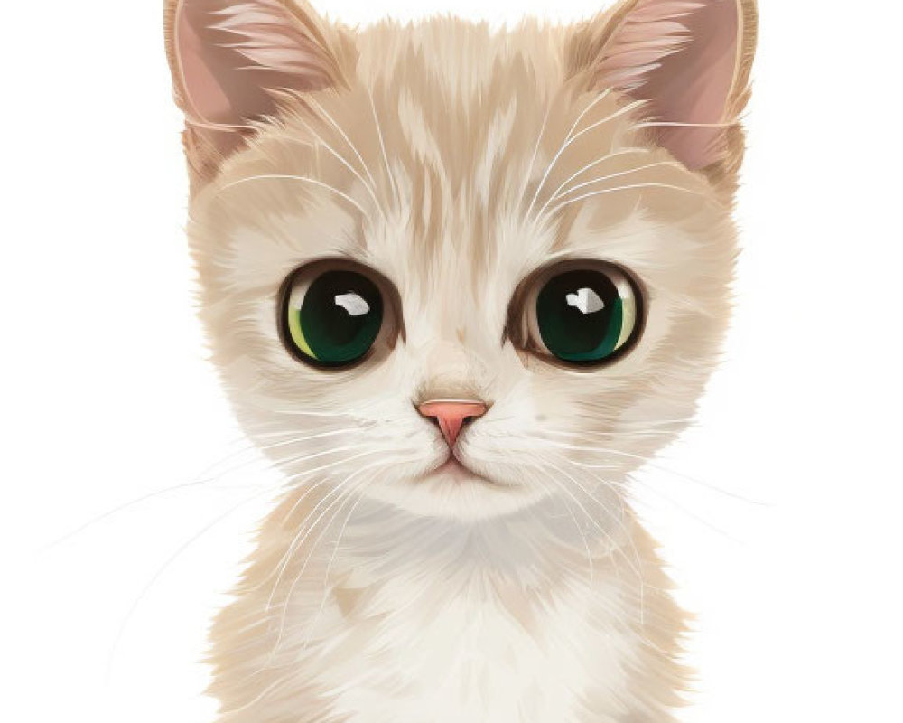 Beige Kitten Digital Illustration with Large Green Eyes