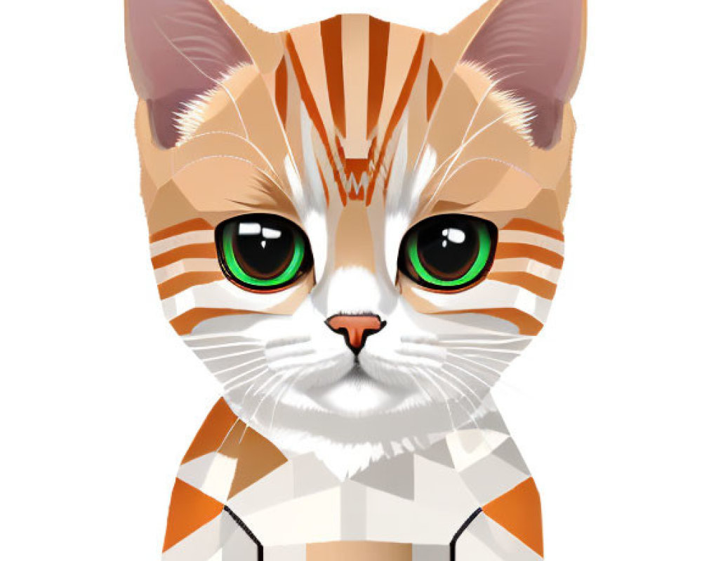 Stylized cat illustration with large green eyes and orange/white stripes