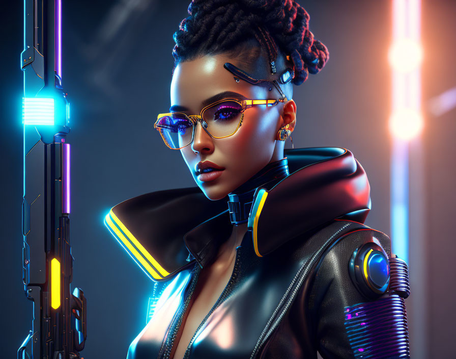 Futuristic woman with braided hair and glowing jacket by neon lights