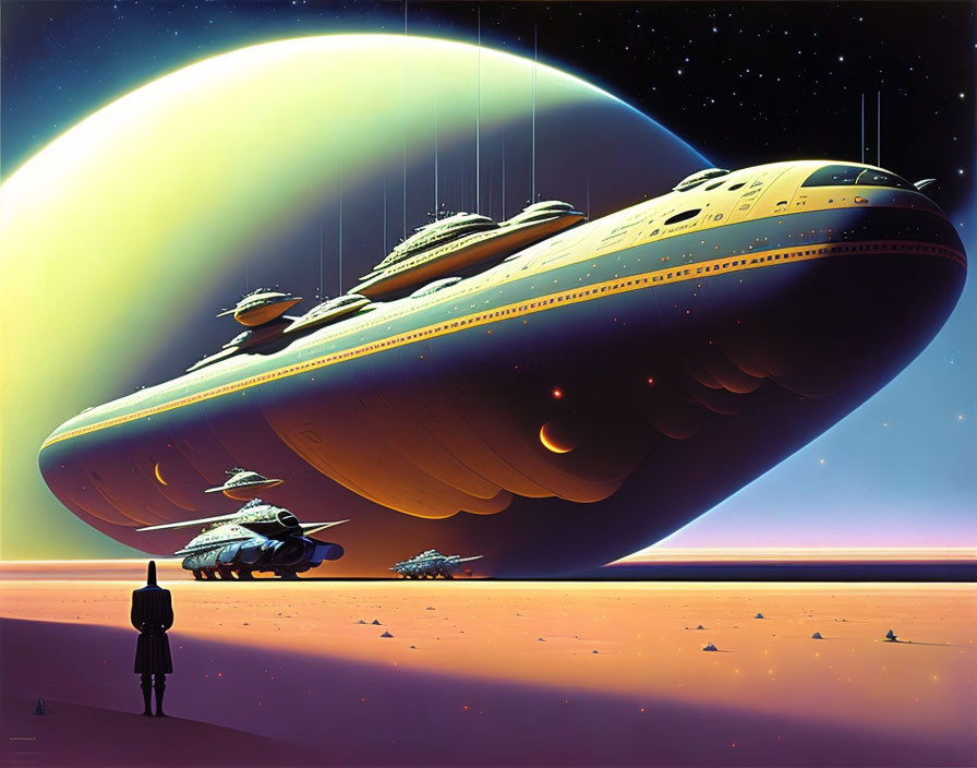 Futuristic spacecraft hovers over person in desert landscape